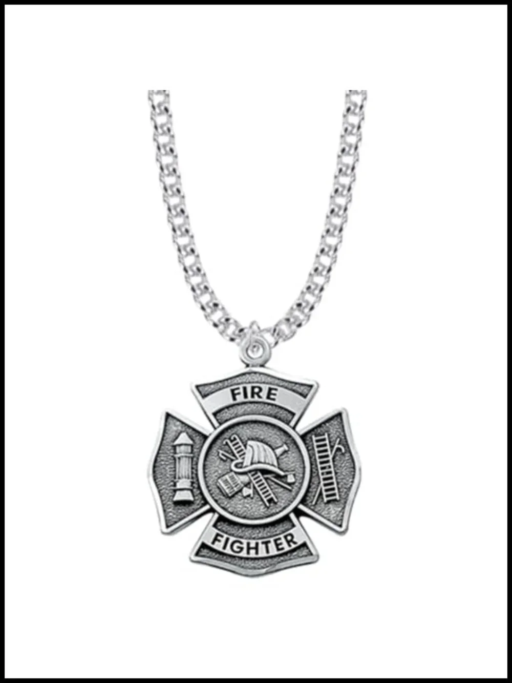 Sterling Silver Firefighter Shield Cross Pendant Necklace, 24in Chain